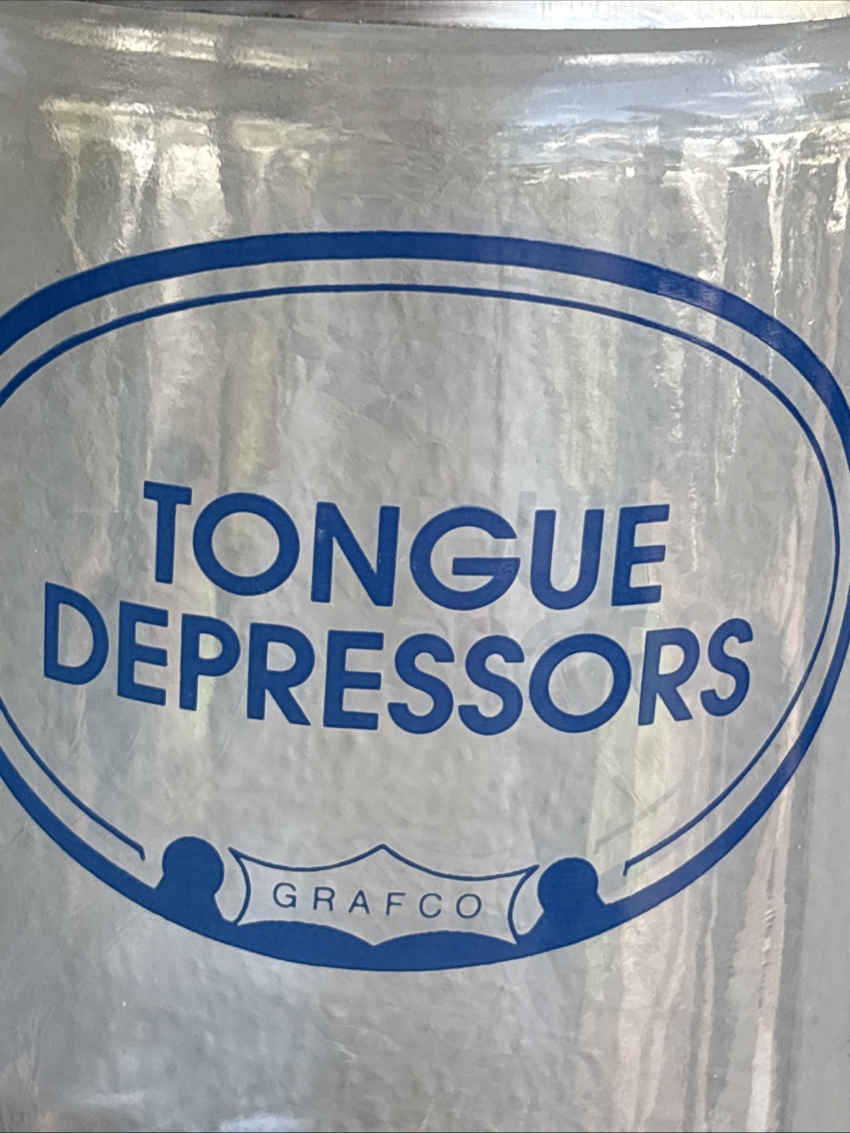 2 Grafco Glass Blue Letter Apothecary Jars Stainless Lid Vtg Applicators Tongue