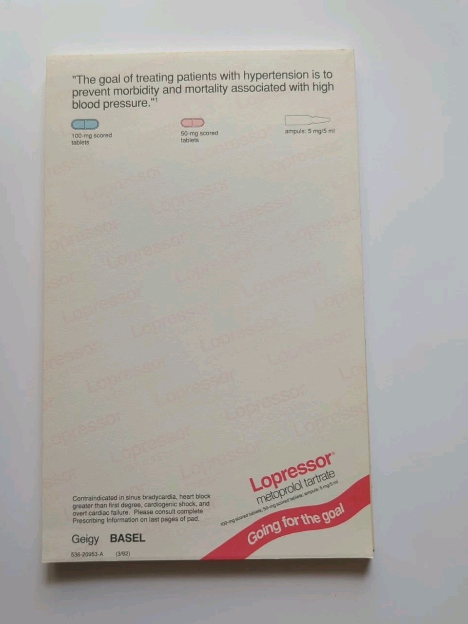Vintage Lopressor Drug Rep 5″ x 8″ Notepad 1992 Geigy Basel