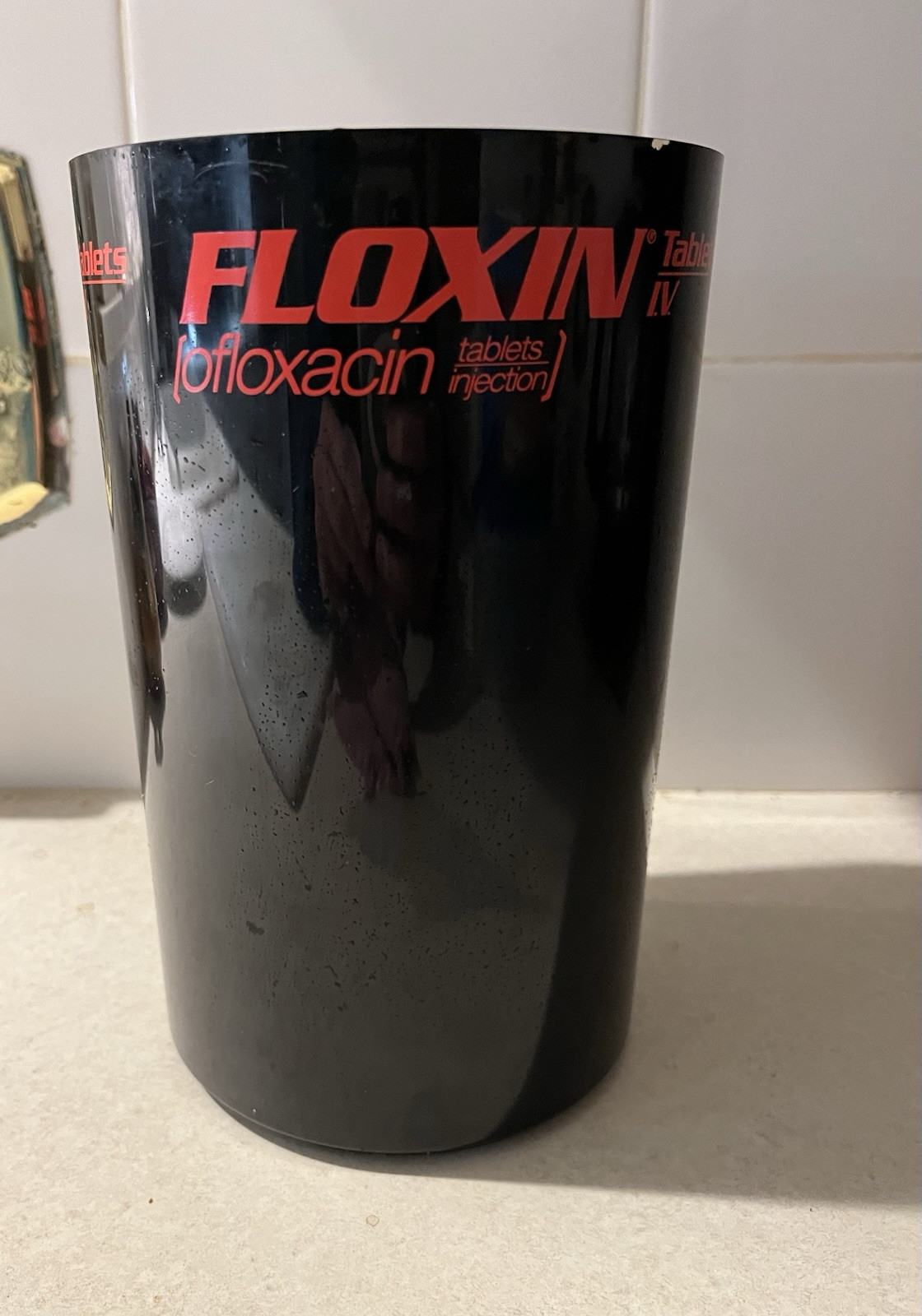 Drug rep Floxin 2 ceramic mugs, paperweight thermometer, canvas laptop bag