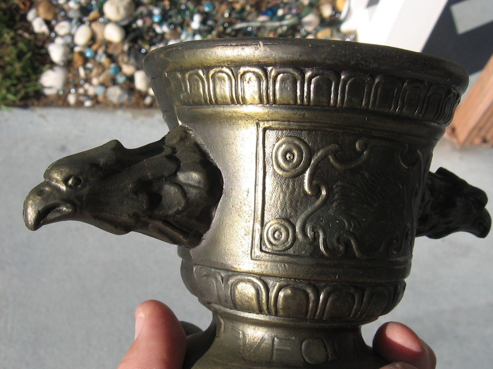 Apothecary VFOLAN- MDCL Mortar & Pestle- Brass Bronze Double Pheasant Heads