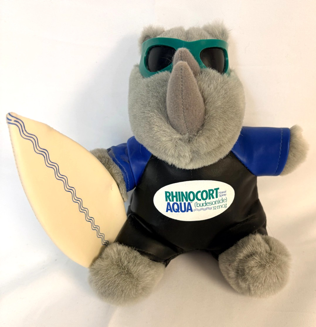 Vintage Rhinocort Nasal Spray Pharmaceutical Rhino Plush Surfer Body Board