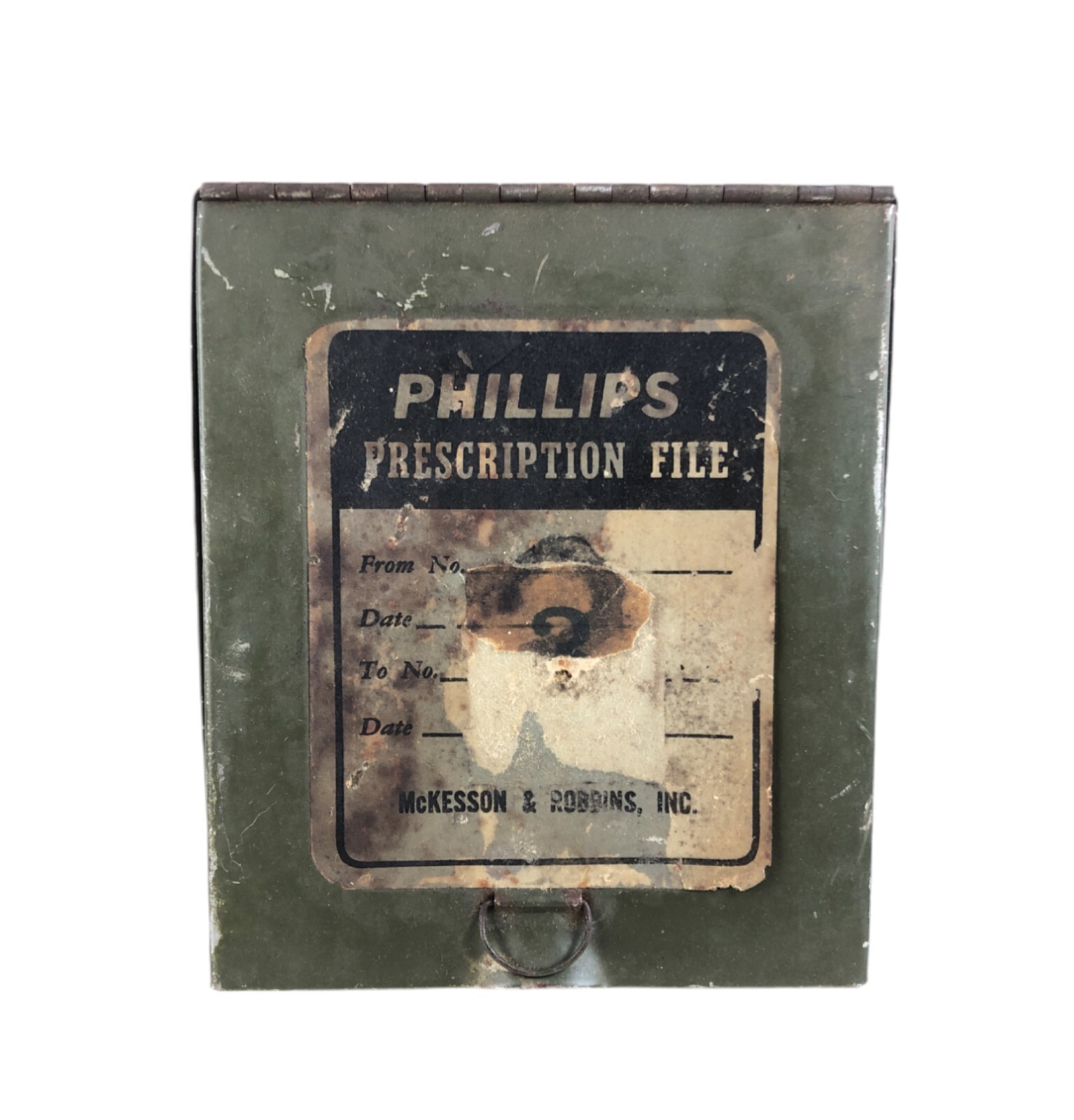 Vintage Phillips Prescription Metal File Box Columbia Drug Co 7.5 x 5.5 x 5.5″