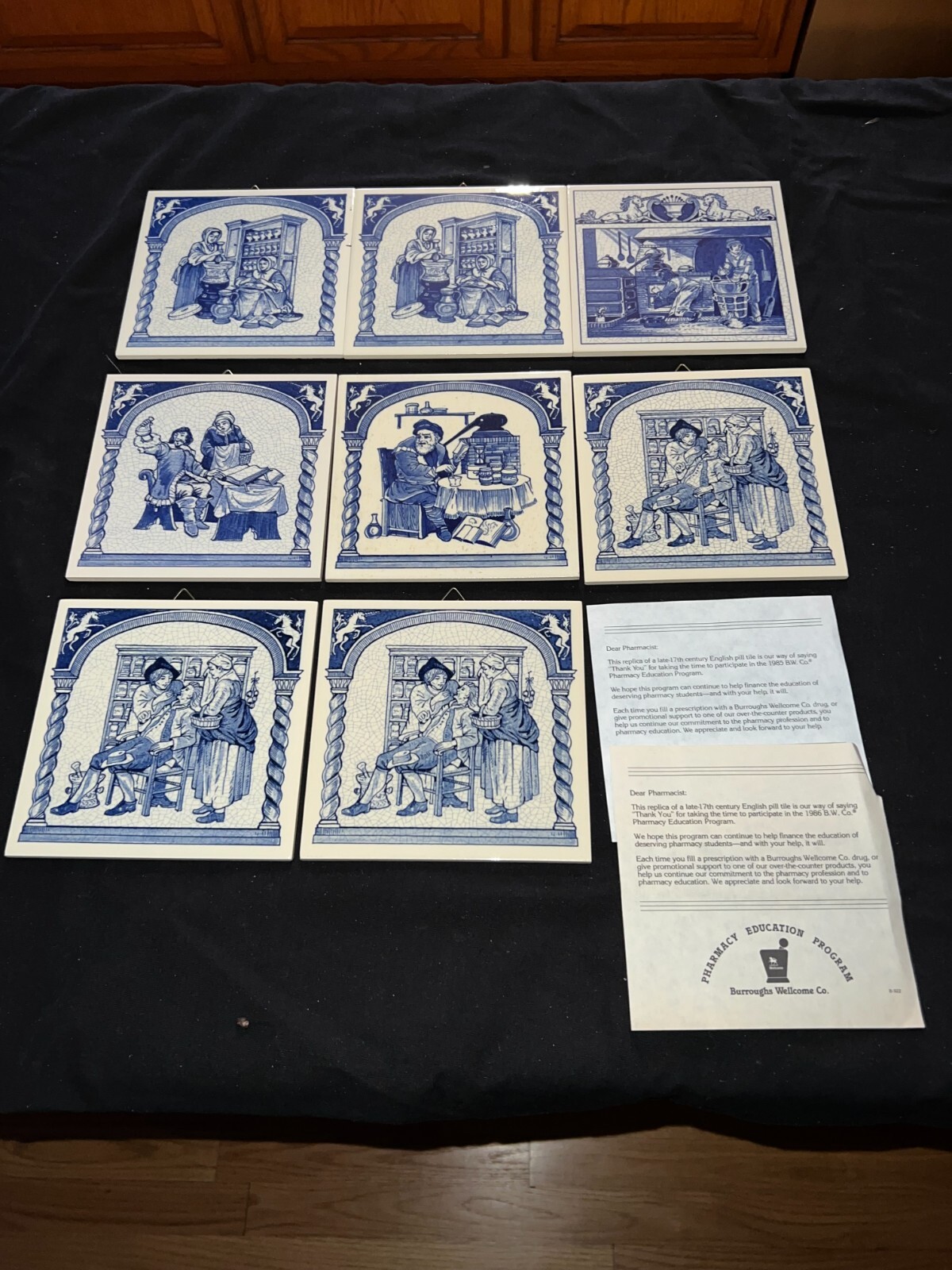 Delft Dutch Burroughs Wellcome Blue White Pharmacy story tiles set of 8