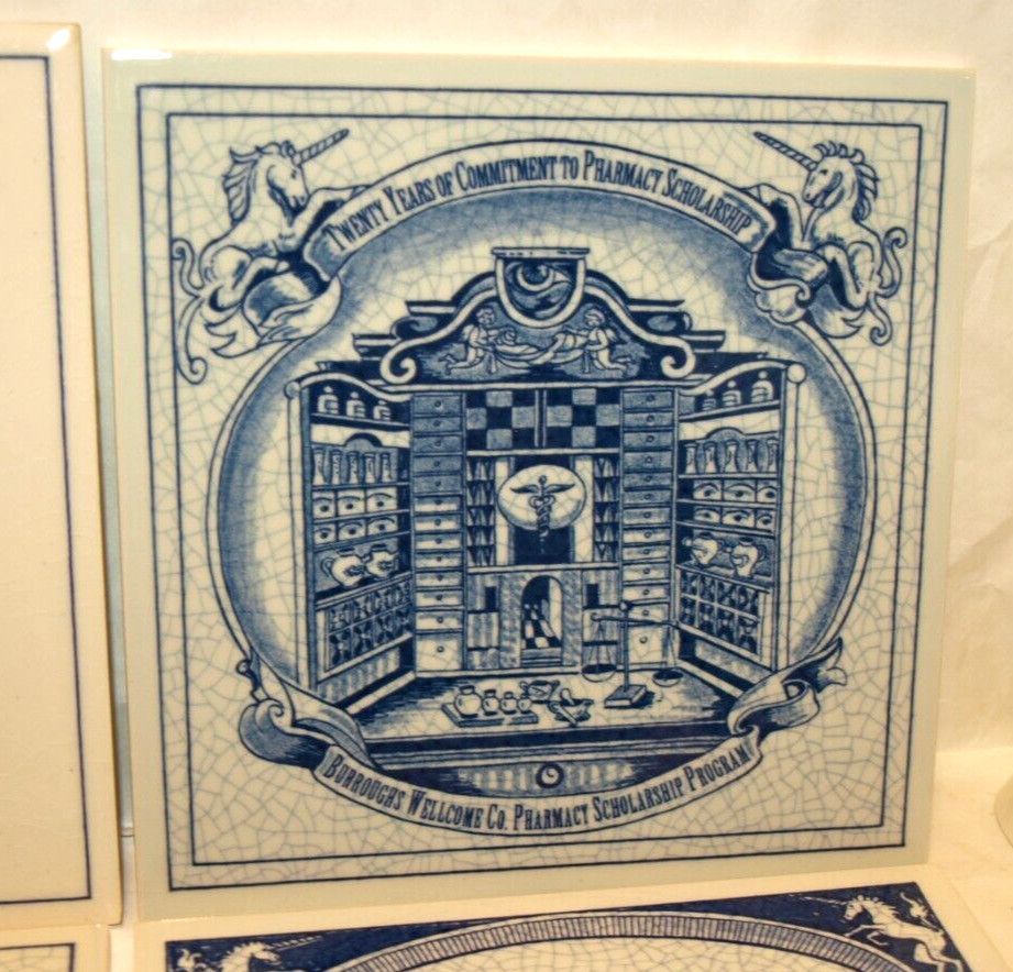 BURROUGHS WELLCOME BLUE DELFT HOMEMADE HOLLAND PHARMACY PILL TILE LOT OF 6, EXC