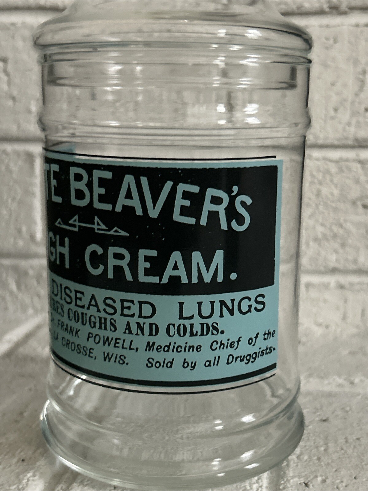 UNIQUE Apothec JAR DR POWELL White Beavers Cough Cream LACROSSE WI RARE Vintage