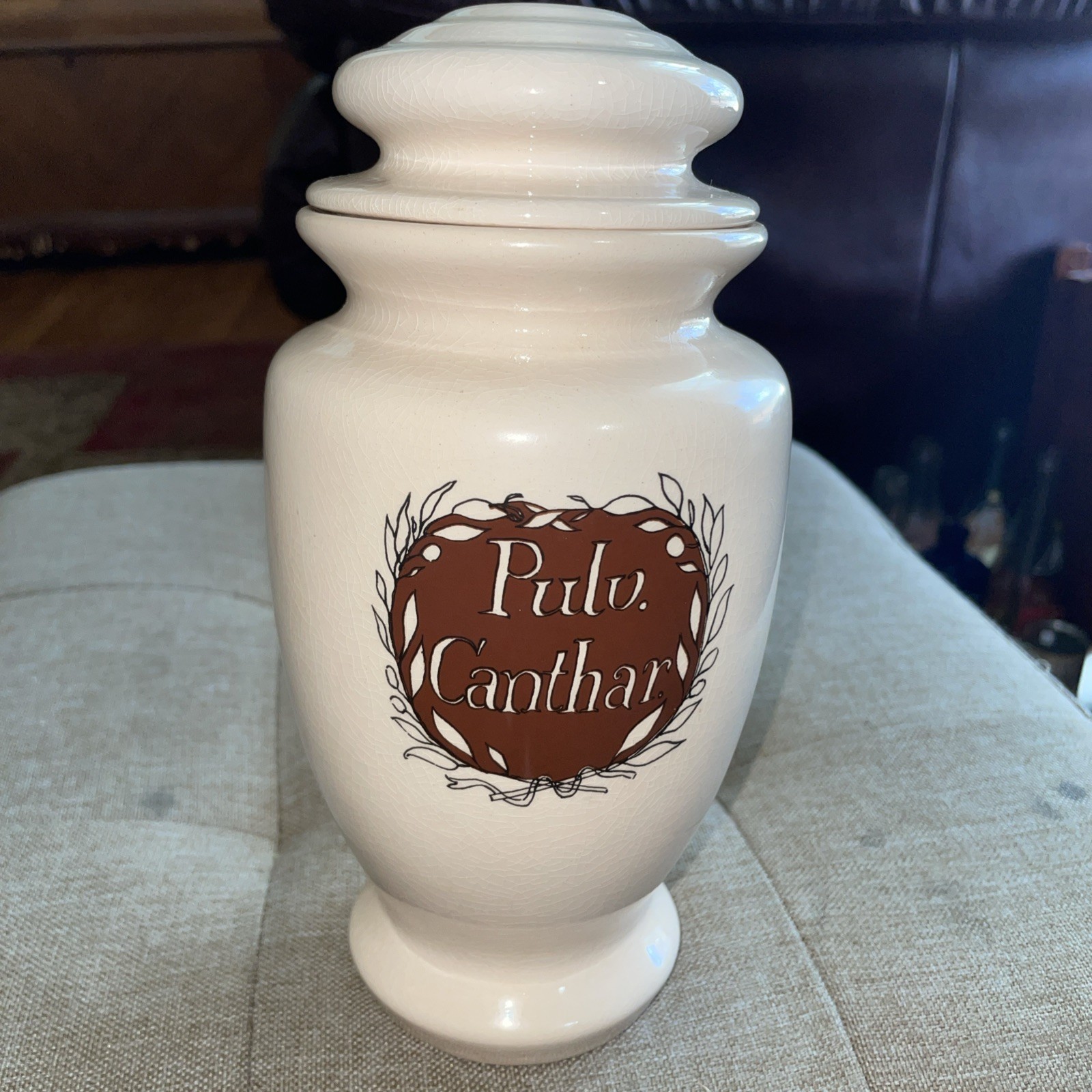 VINTAGE – Eli Lilly Pulvules Canthar Apothecary Pharmacy Crock with Lid Portugal
