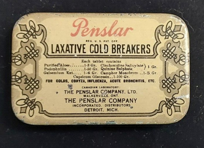 Old Advertising Medicine Tin Penslar Laxative Cold Breaker Detroit Michigan