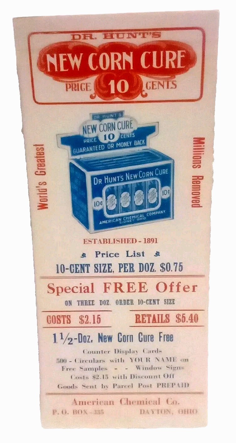 Dr Hunt’s New Corn Cure American Chemical Co Vtg Medical Advertisement Dayton Oh