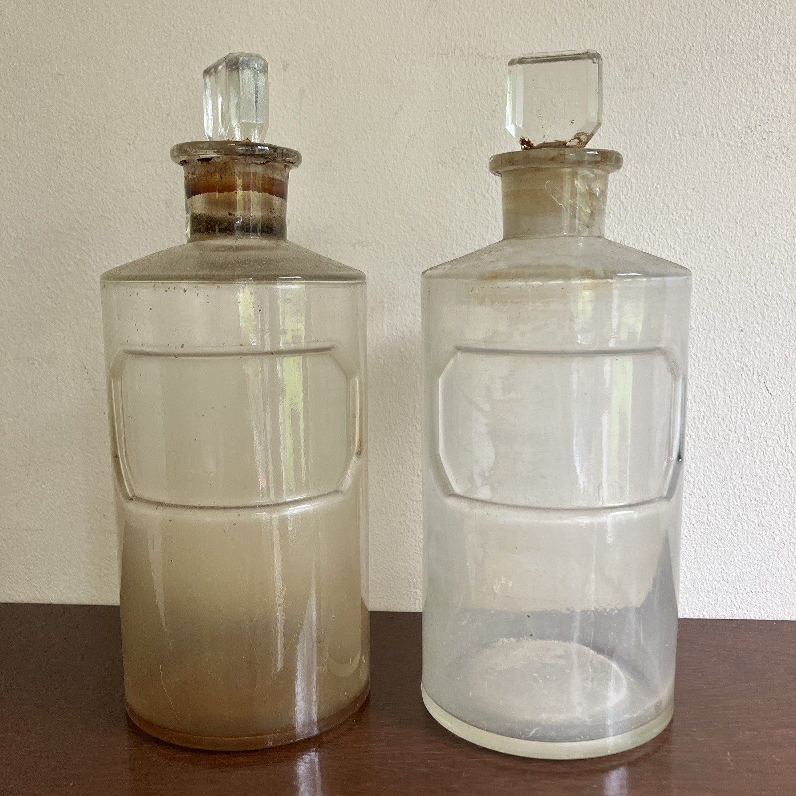 2 x Antique Apothecary Glass Bottles, Bottle Recessed For Label. With Stoppers