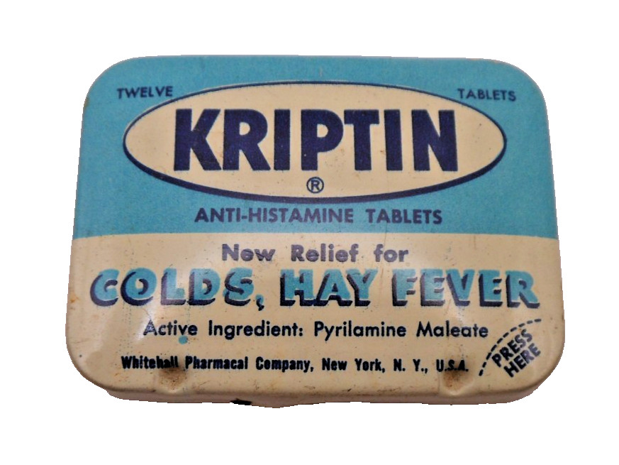 Vintage Kriptin Anti-Histamine Tablets Sm Metal Tin Whitehall Pharmaceutical NY