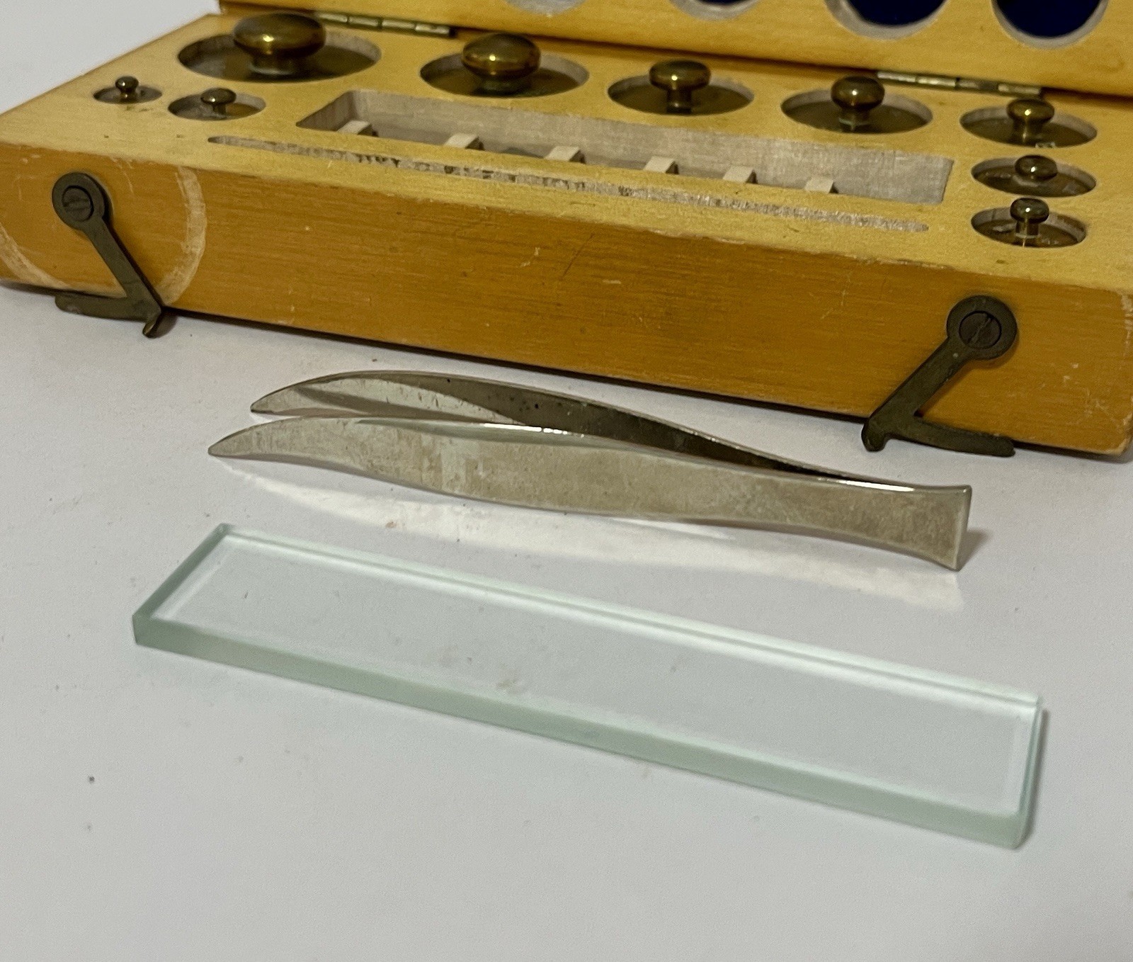 Antique Vintage Chemist Travelling Brass Weights and Tweezers in Box