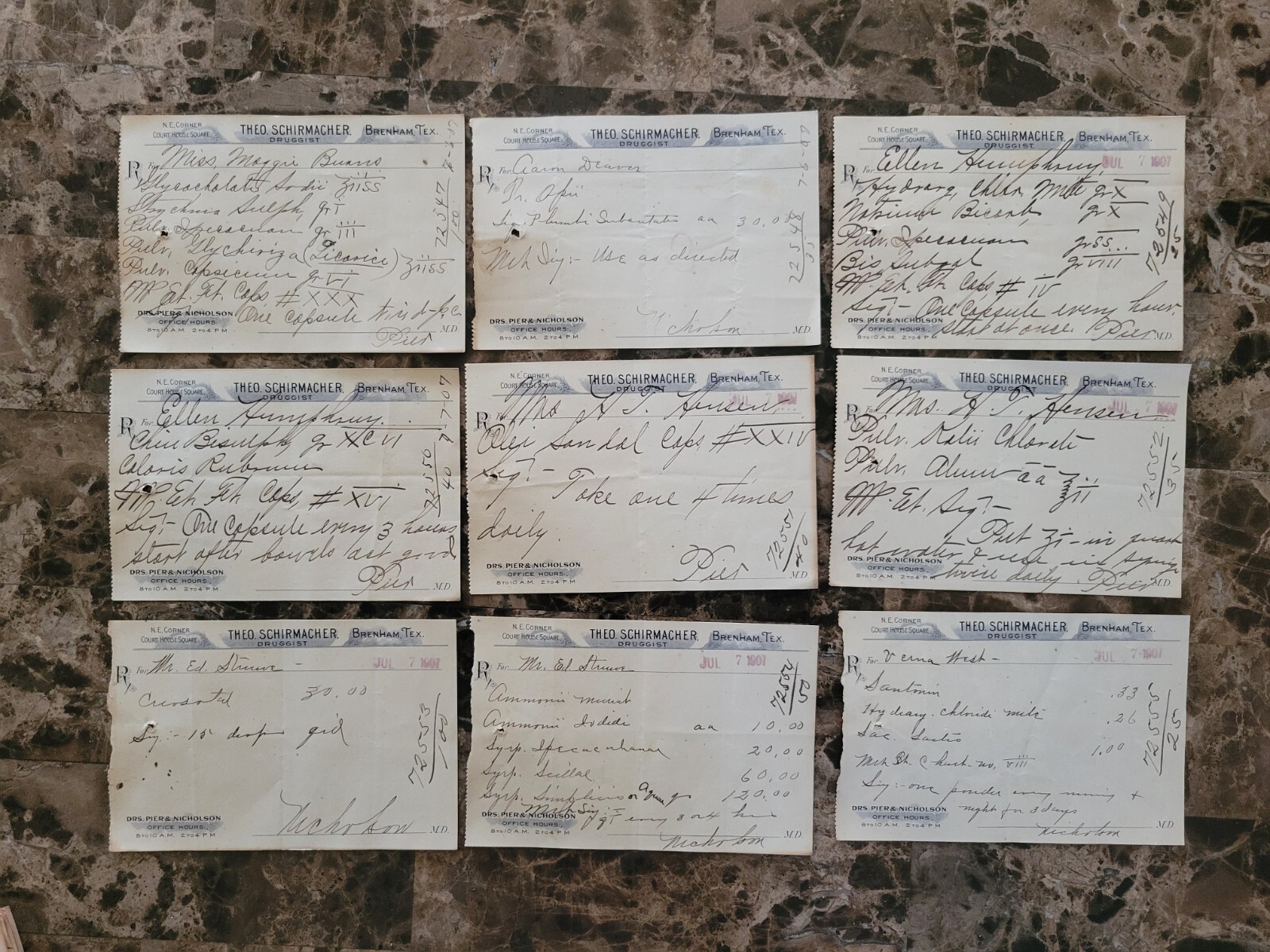 File box & 98 antique prescriptions (1907) – Opium, Ergot, Codeine & Anodyne