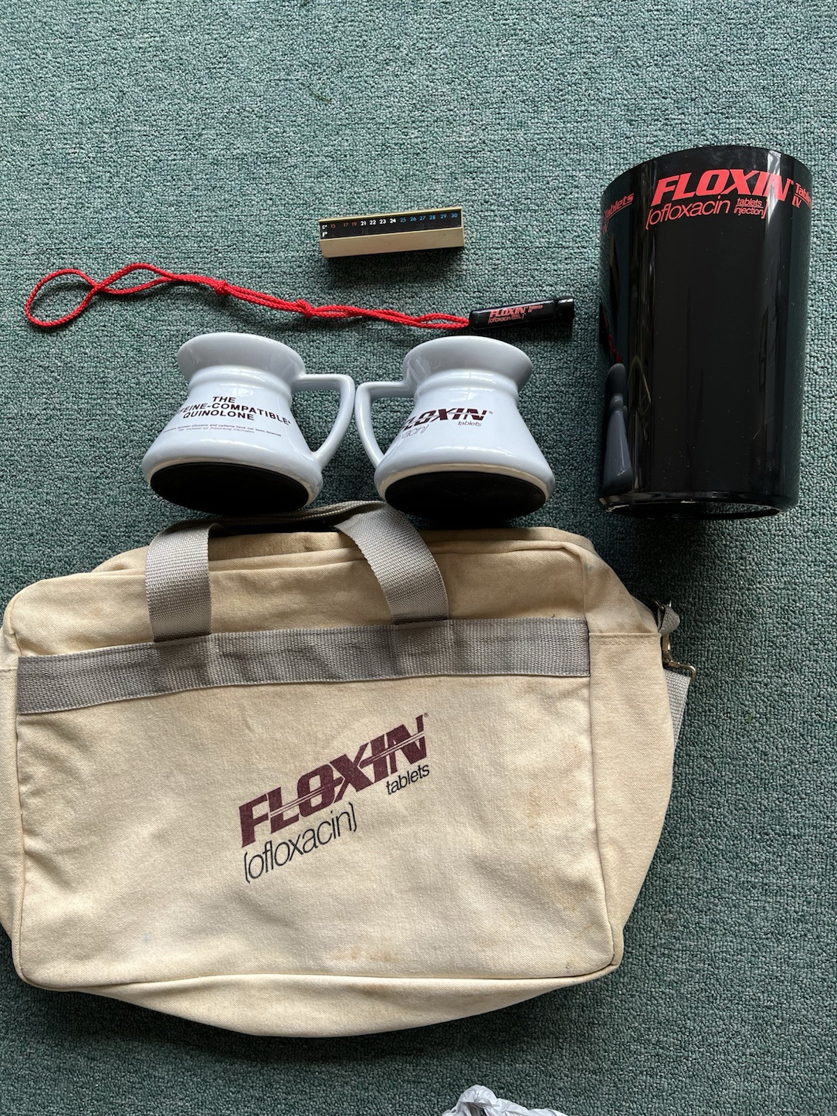 Drug rep Floxin 2 ceramic mugs, paperweight thermometer, canvas laptop bag