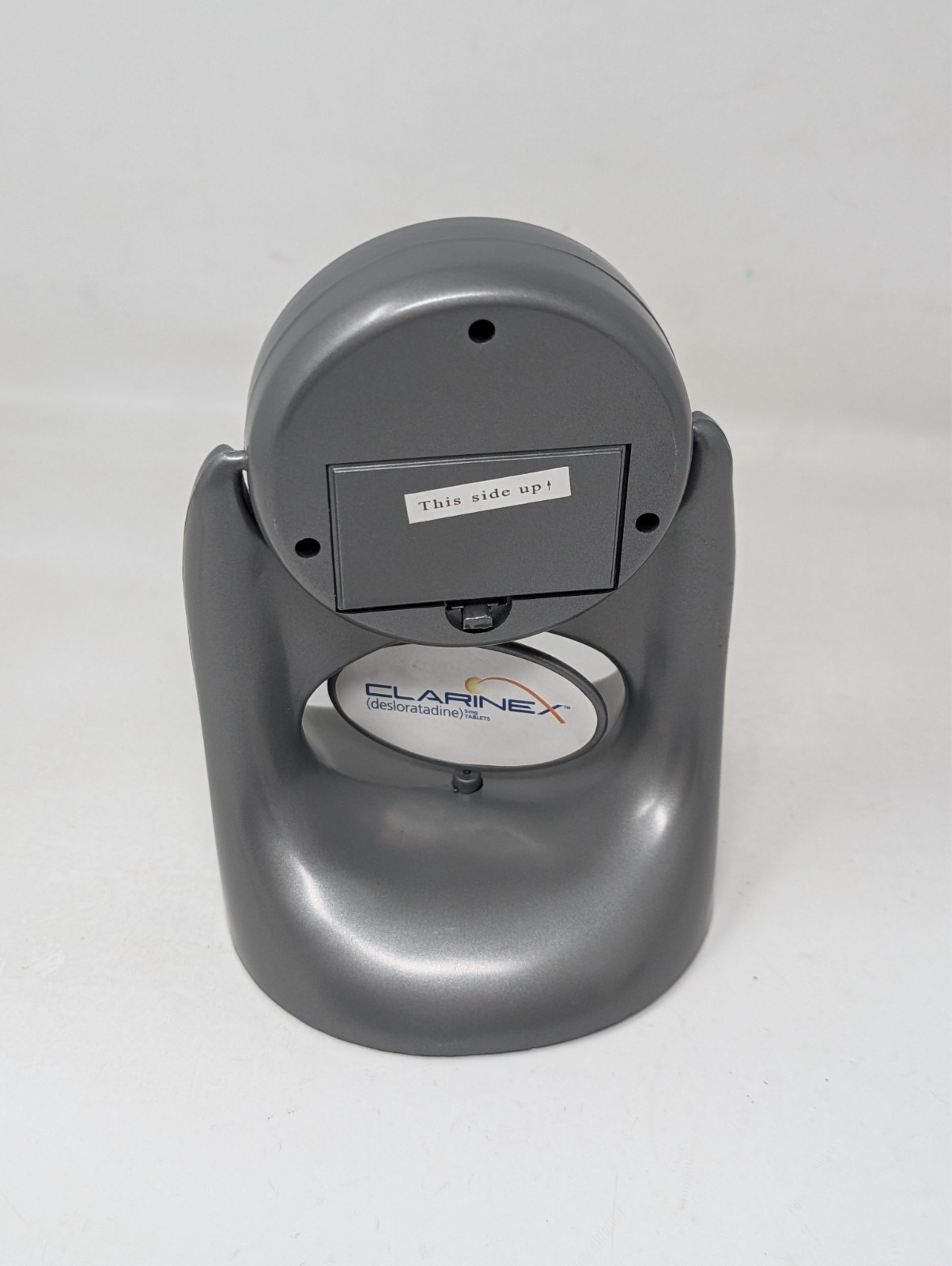 Clarinex Pharmaceutical Advertising Silver Plastic Clock 7″Tall Drug Rep MOVING
