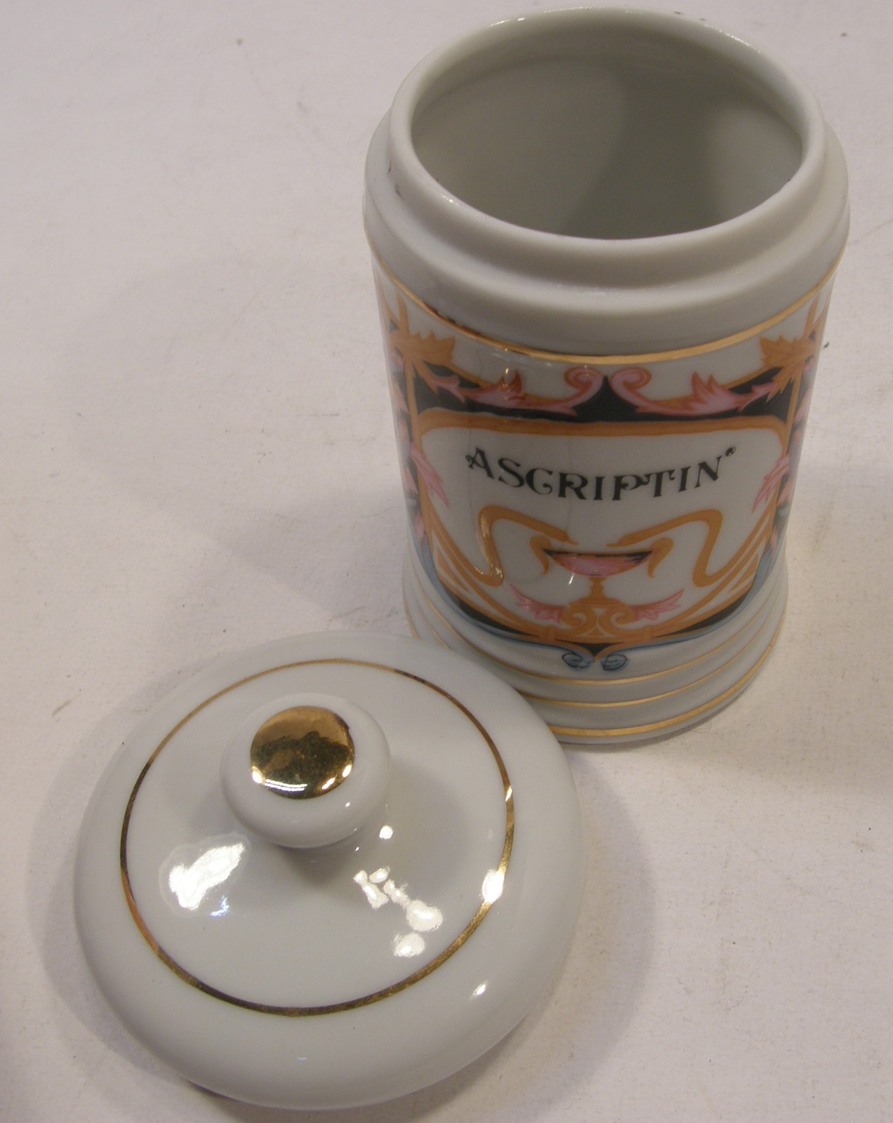 VINTAGE PORCELAIN ASCRIPTIN APOTHECARY PHARMACY JAR W/LID DRUG REP PHARMA