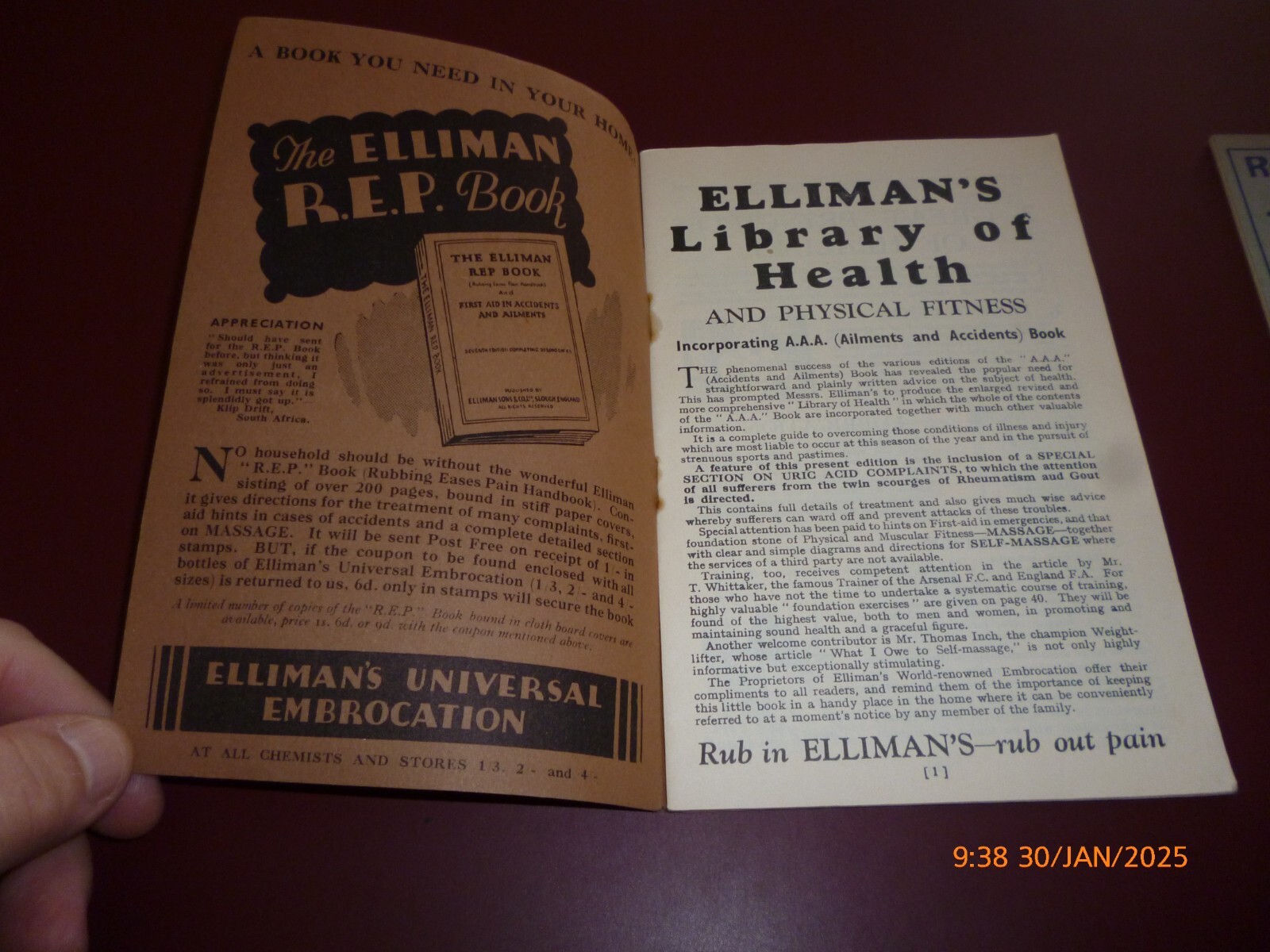 ELLIMAN’S EMBROCATION x 2 VINTAGE BOOKLETS LIBRARY OF HEALTH, AILMENTS ACCIDENTS