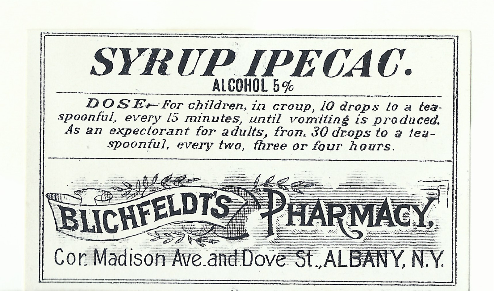 1 Vintage Pharmacy Label SYRUP IPECAC Blitchfeldt’s Pharmacy Albany New York NY