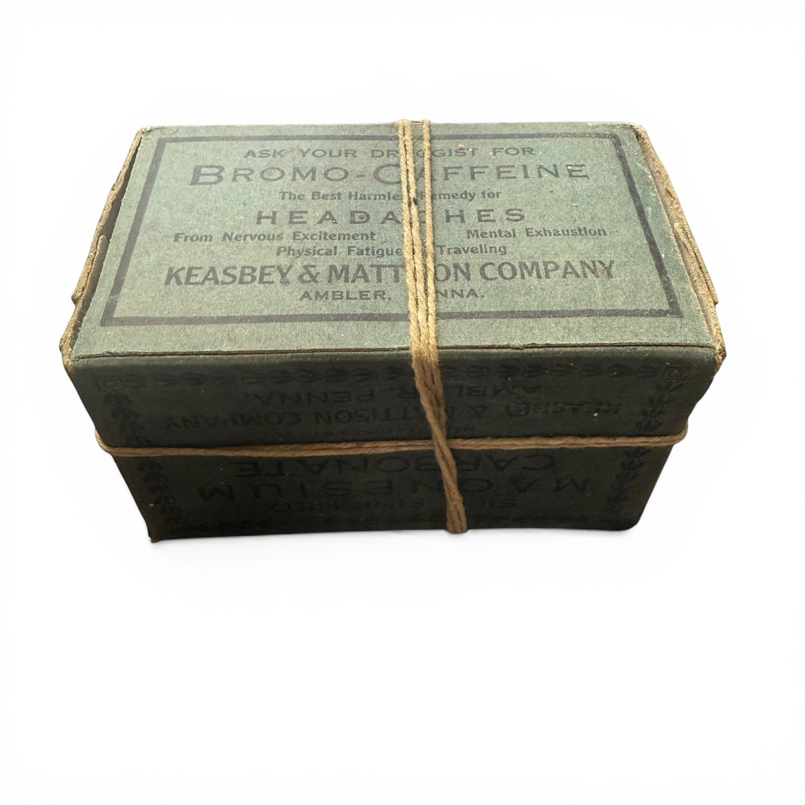 Antique Bromo-Caffeine Box Keasbey & Mattison Apothecary Headache Cure c1900 Vtg