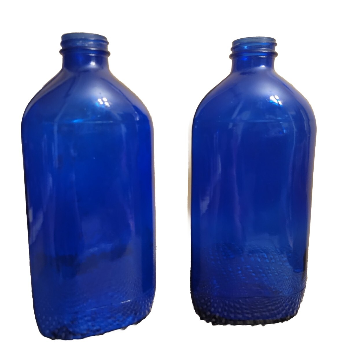 Vintage 2 Large 9.5″ Blue Cobalt Blue Medicine Bottle Embossed Made in USA, EXC