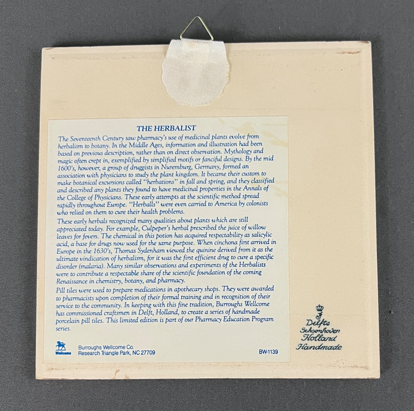 Burroughs Wellcome Pharmacy Education Program Holland Delft Pill Tiles 1986 1987