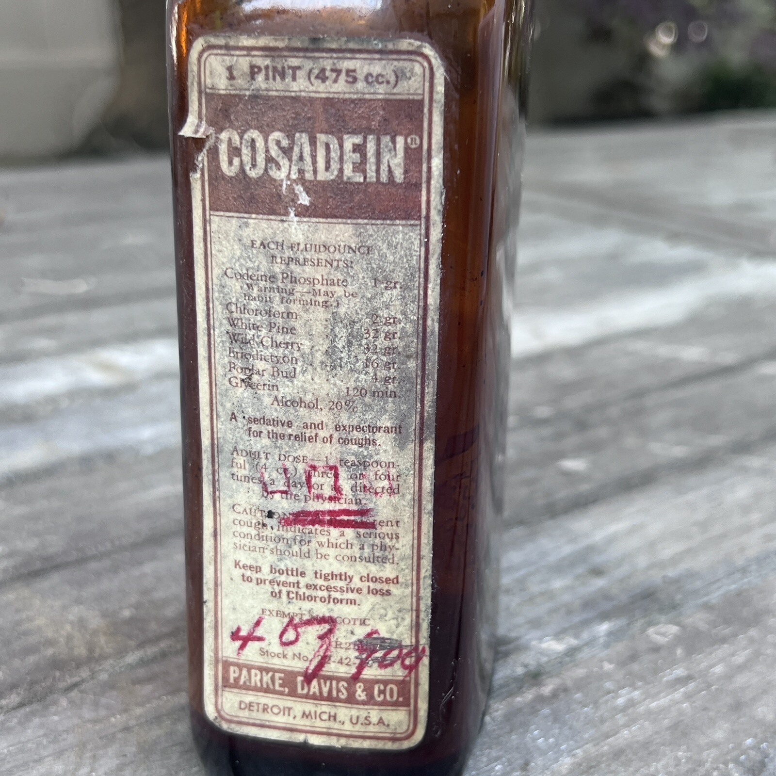 Vintage Parke Davis Cosadein Codeine Amber Pharmacy Bottle , EMPTY