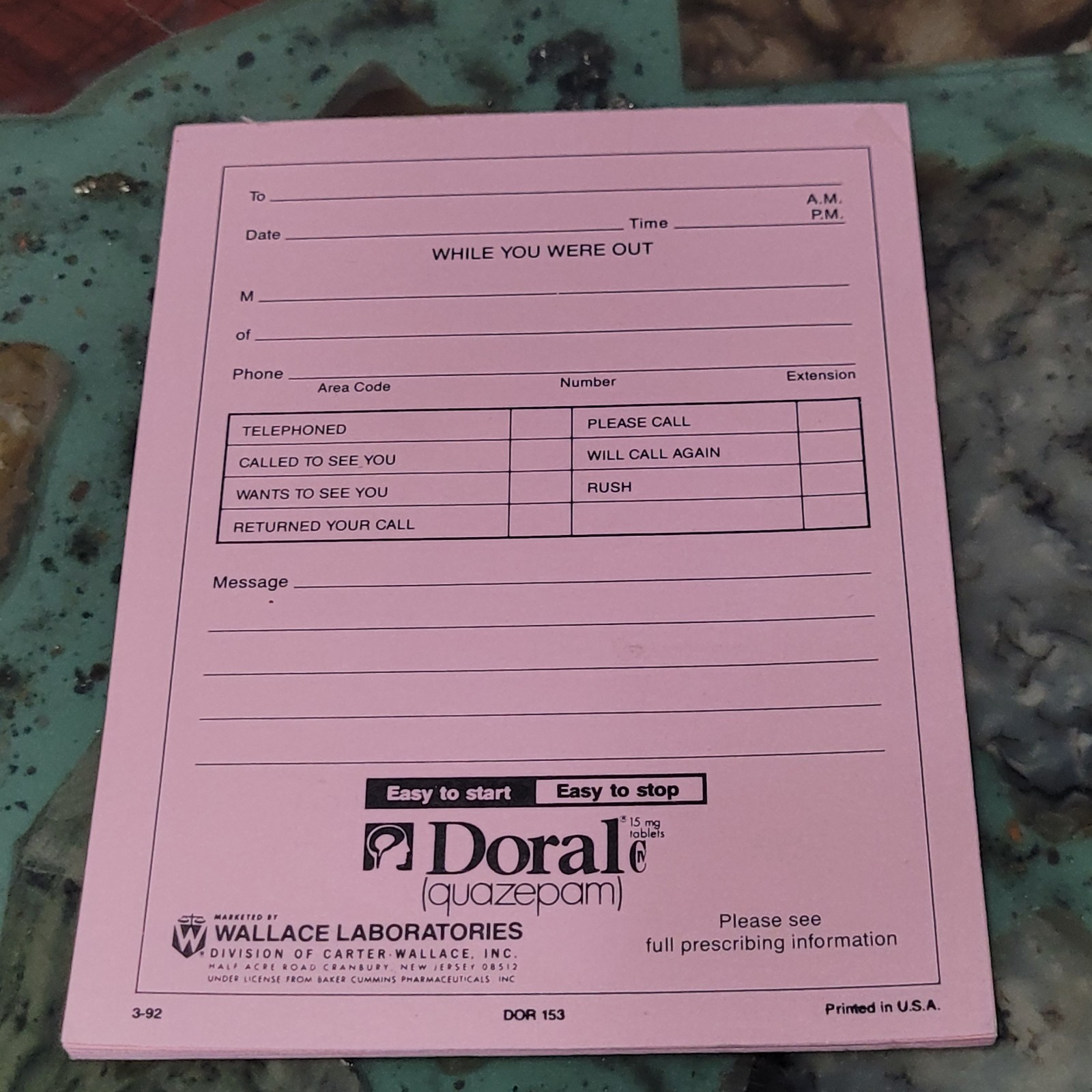4 Vtg 1992 Doral (quazepam) WHILE YOU WERE OUT Message Pad Benzo Advertising