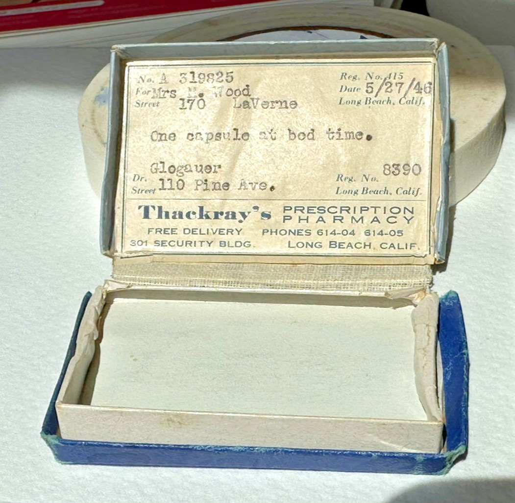 1946 Prescription Pill Box Thackray’s Pharmacy Long Beach CA Medical Ephemera Vi