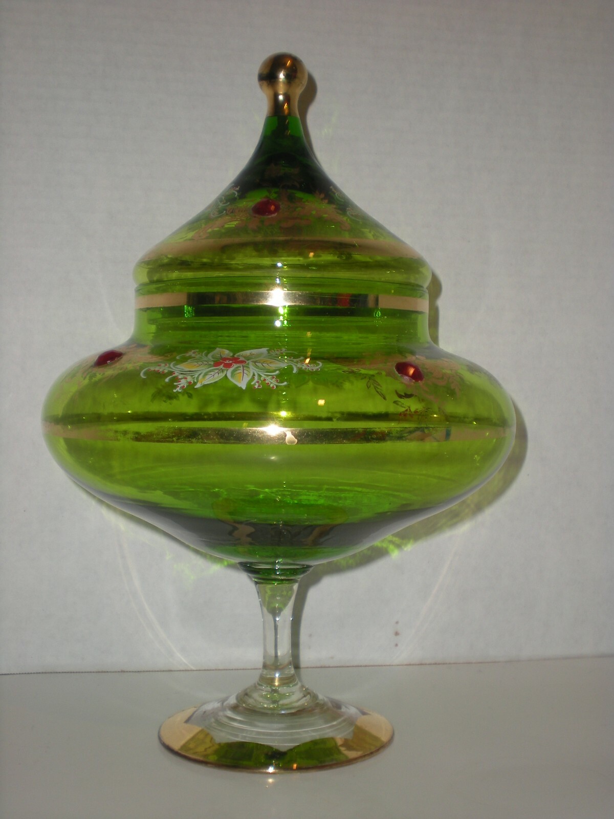 12″ Green Apothecary Jar Canister Circus Tent Lid Vtg Hand Blown Xmas Poinsettia