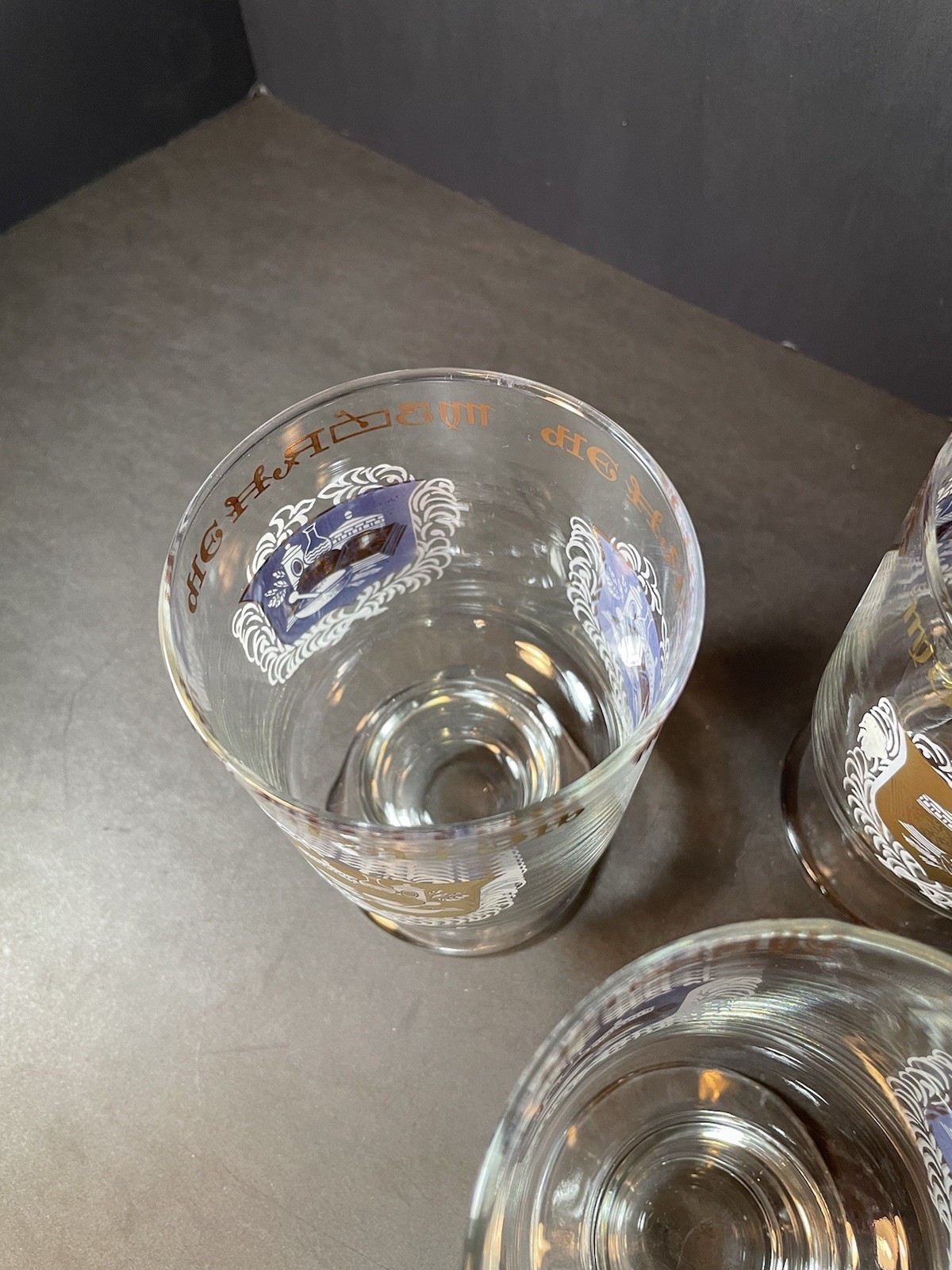 4 MCM Apothecary Pharmacy Medical Rx Gold Trim Footed Bar Drinking Glasses