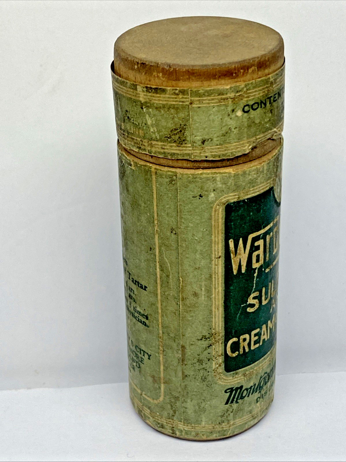 VINTAGE WARDGRADE SULPHER & CREAM OF TARTAR WOOD CONTAINER MONTGOMERY WARD