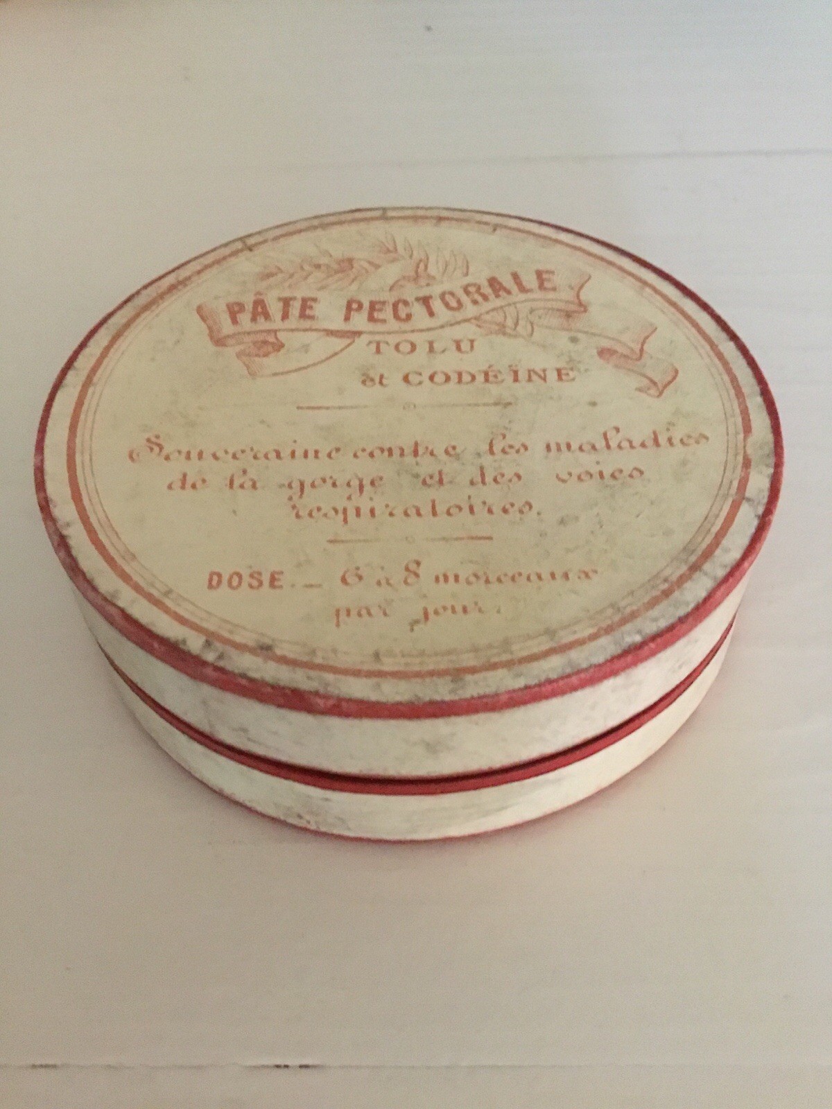 Vintage FRENCH Pharmacie Round Cardboard Container Red PATE PECTORALE Codeine