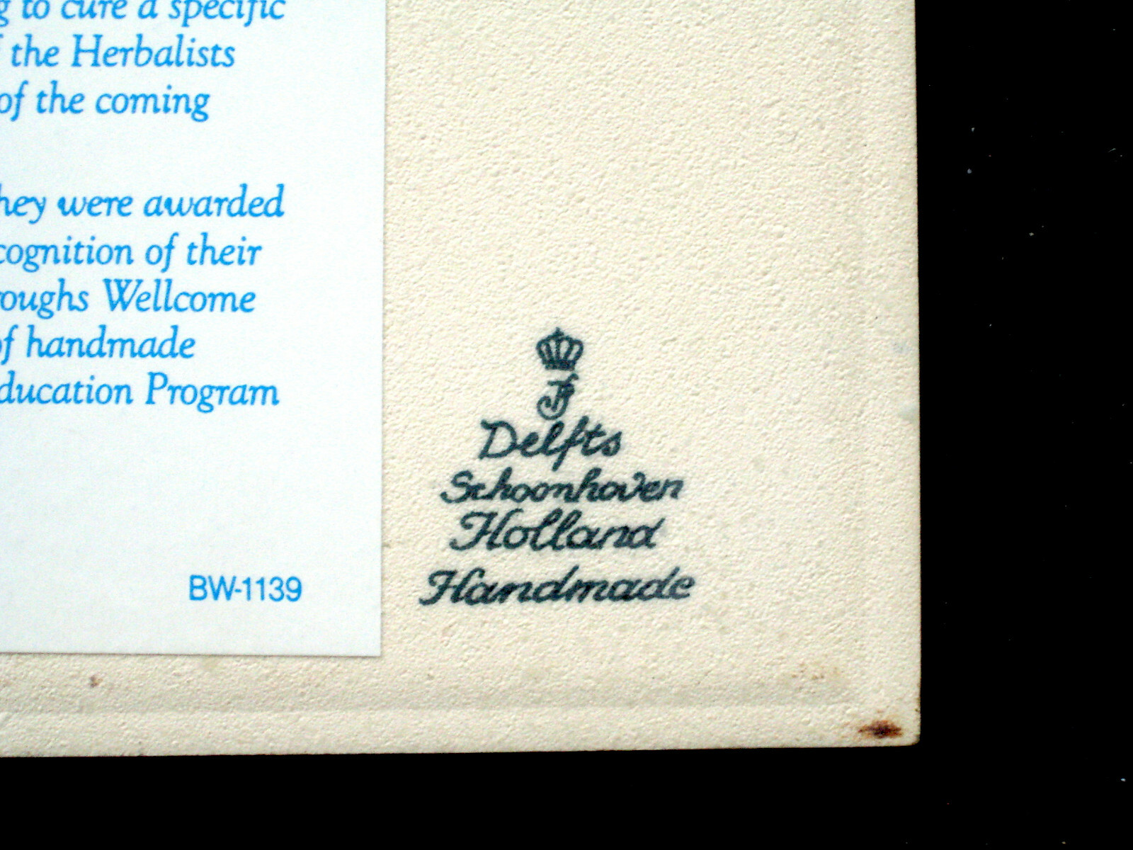 BLUE DELFT ceramic APOTHECARY TILE Burroughs Wellcome THE HERBALIST Netherlands