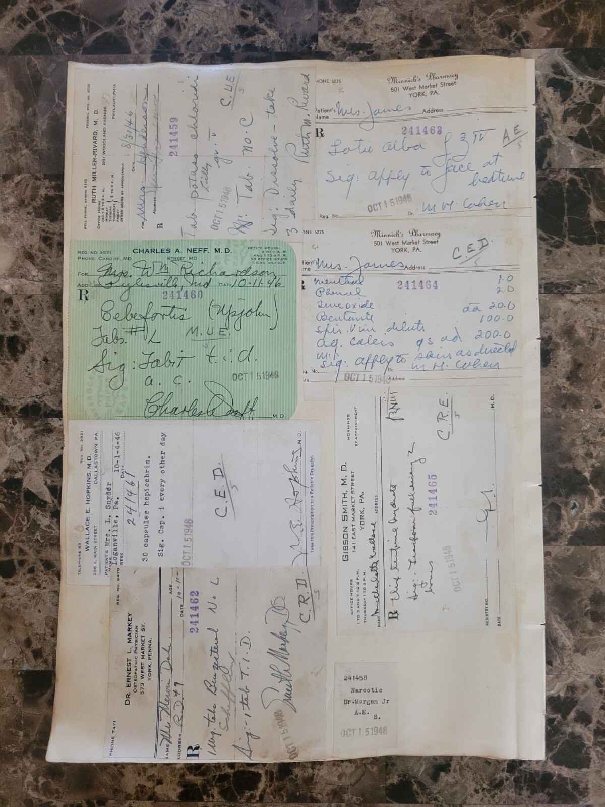 1946 2-sided Pharmacy Ledger Page – 16 vintage prescriptions – ERGOT