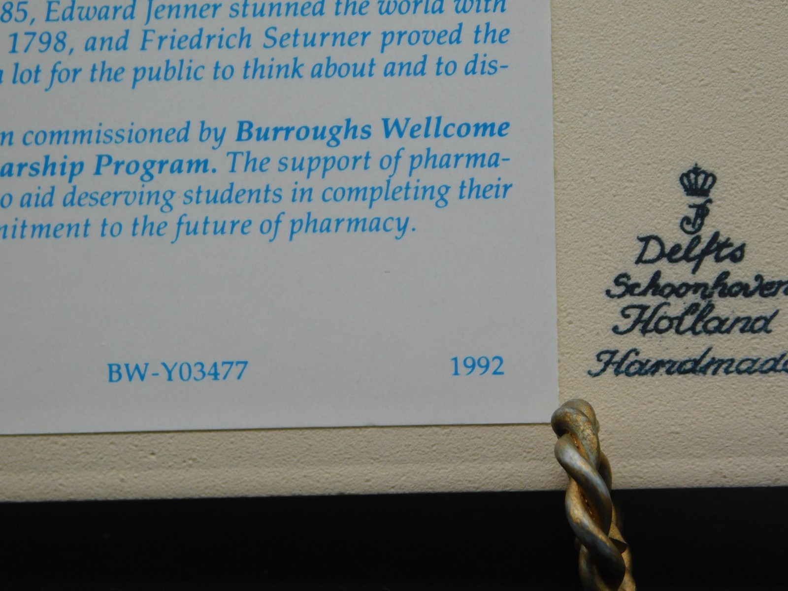 Delft Porcelain Pill Tile Burroughs Wellcome Co. Pharmacy Scholarship Apothecary