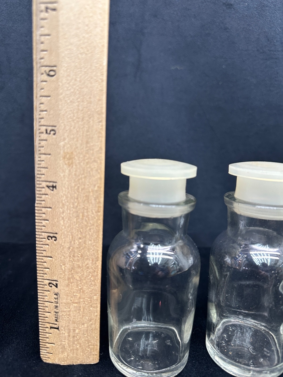 TCW Co. USA 1950s 4 Small Clear Apothecary Bottles with Plastic Stoppers 3.5″