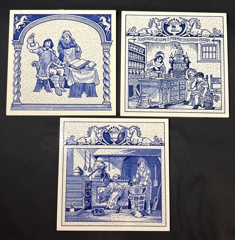 THREE Vintage Blue Delfts Schoonhoven Holland Handmade 6″ Ceramic Tiles Pharmacy