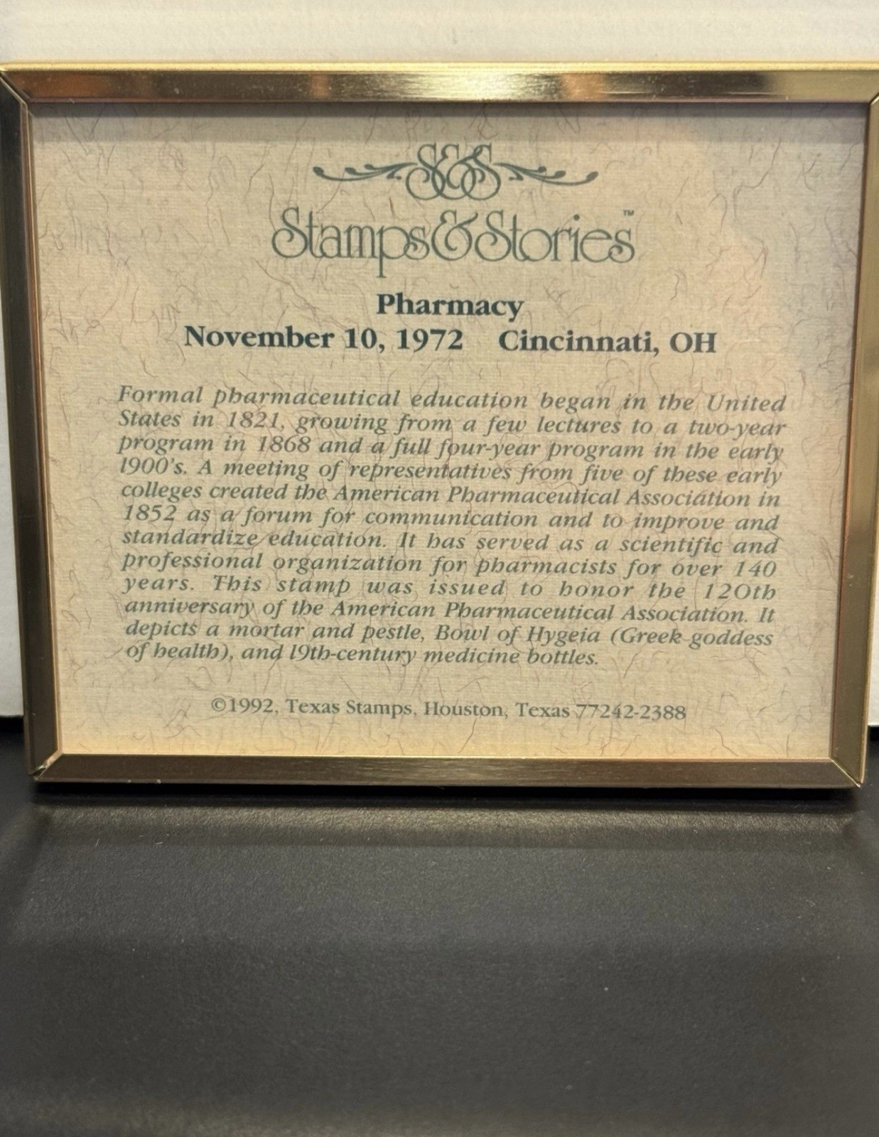 Framed Pharmacy Stamp United States Postage Stamp 8c with Stand