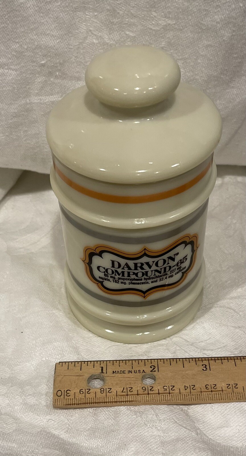 Darvon Compound 65 Apothecary Canister Jar with Lid Milk Glass 5″ Tall Vintage
