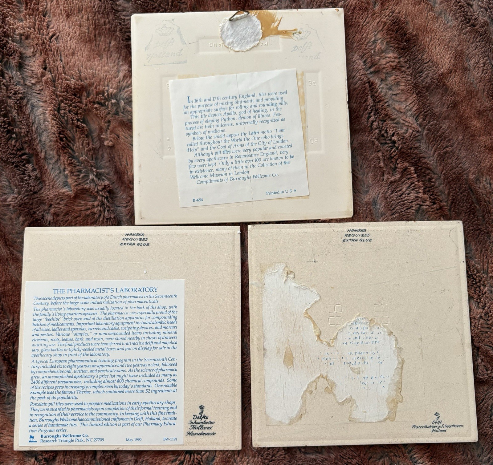 Lot of 3 Vtg Burroughs Wellcome Delft Holland Handmade 6×6″ Pharmacy Pill Tiles