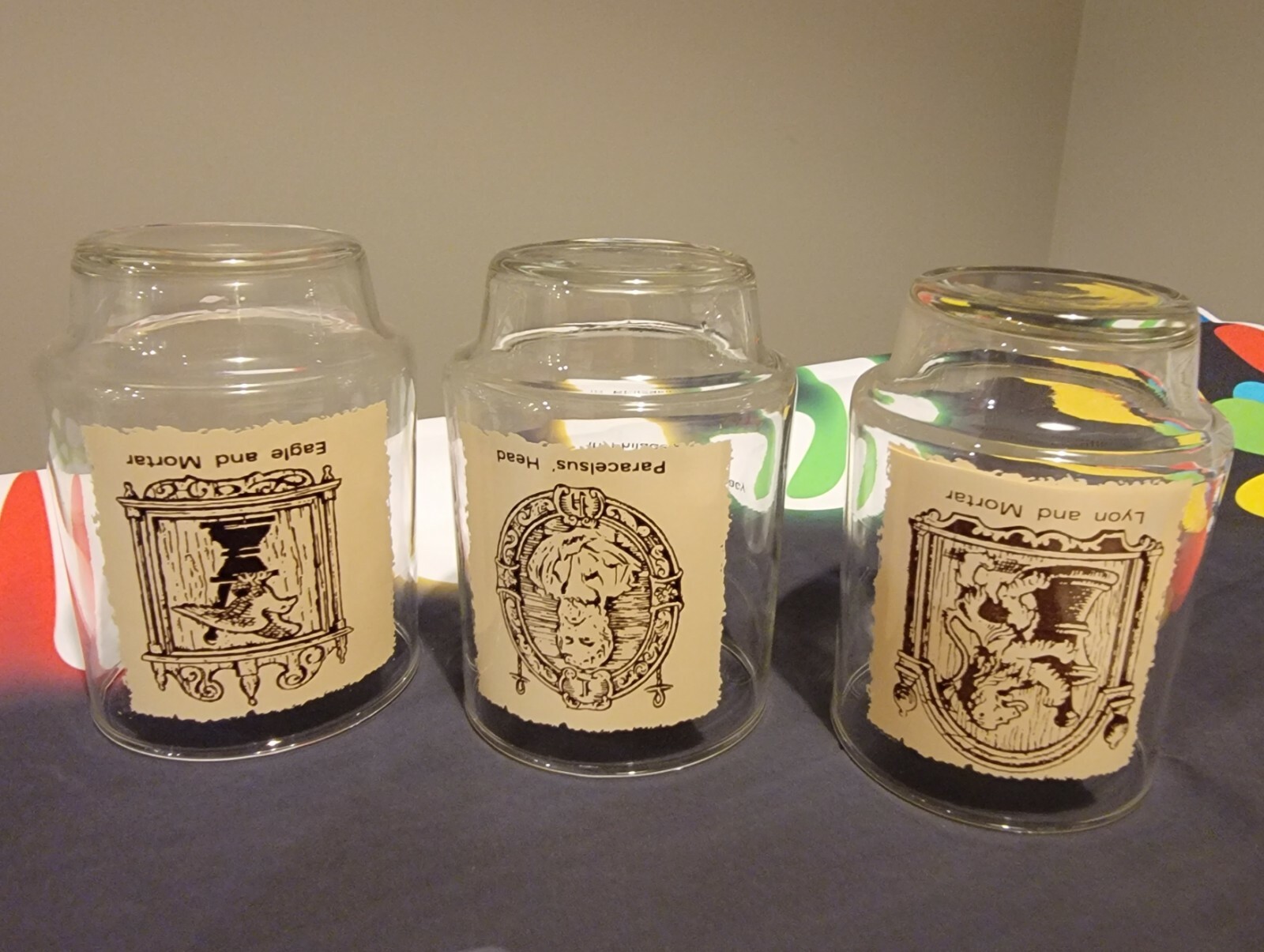 Set of 3 Rare 4″ Glass Tumbler early American Pharmacy sign art