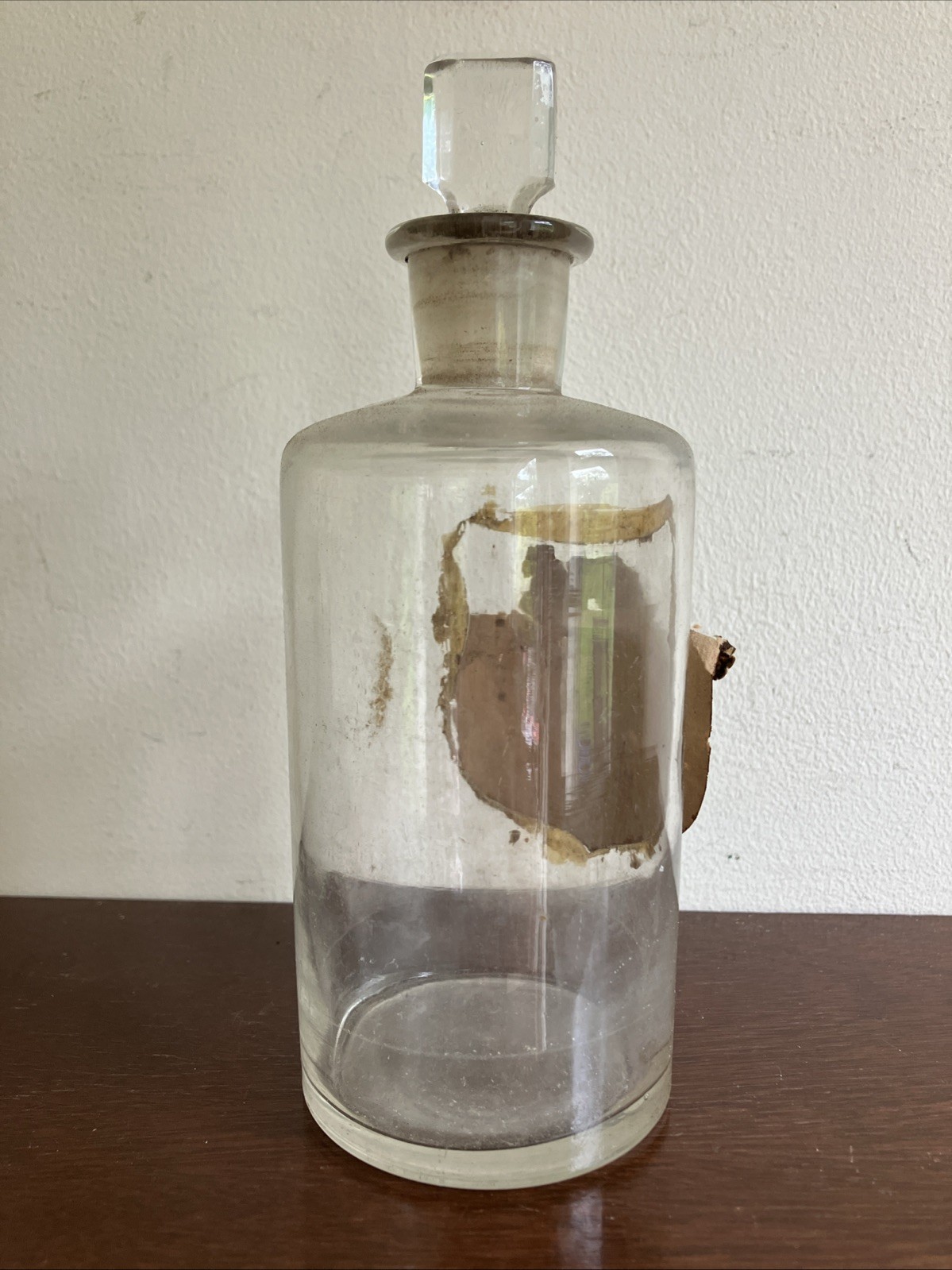 Antique Glass Apothecary Bottle With Tatty Shield Shaped Label, Glass Stopper