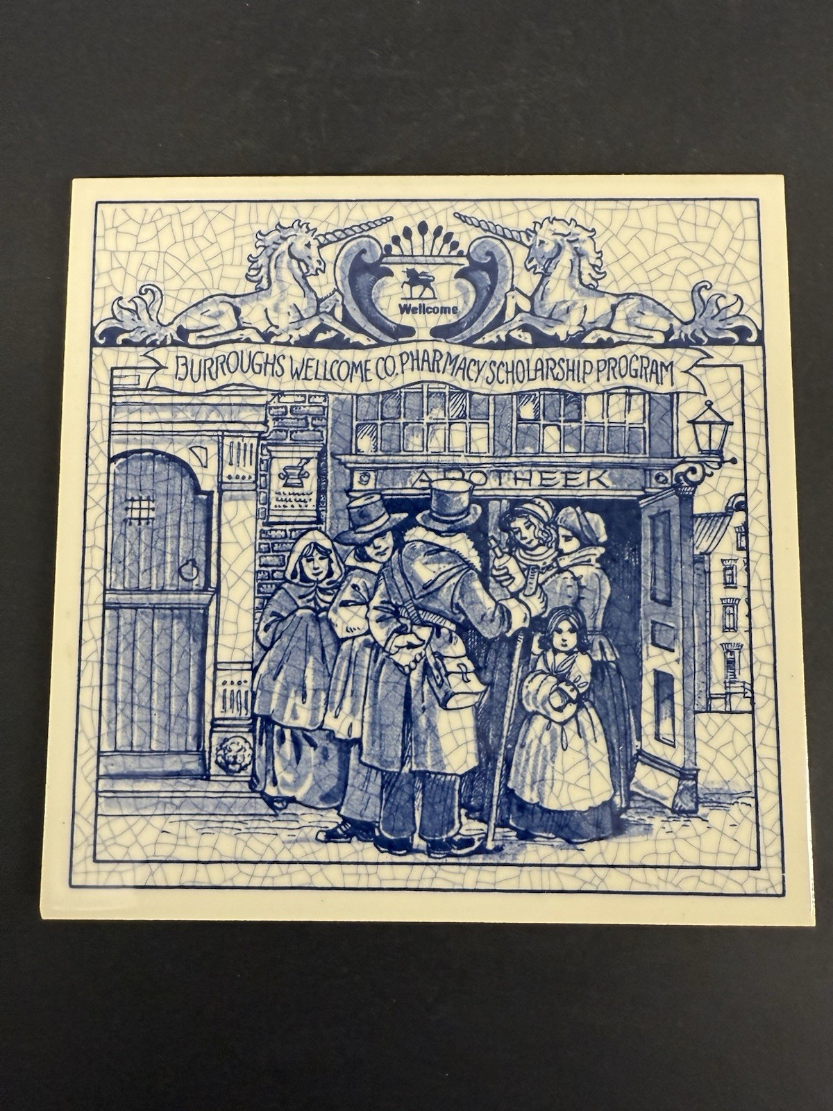 Delft Vintage Blue & White Burroughs Wellcome Co Pharmacy Scholarship Tile 1992