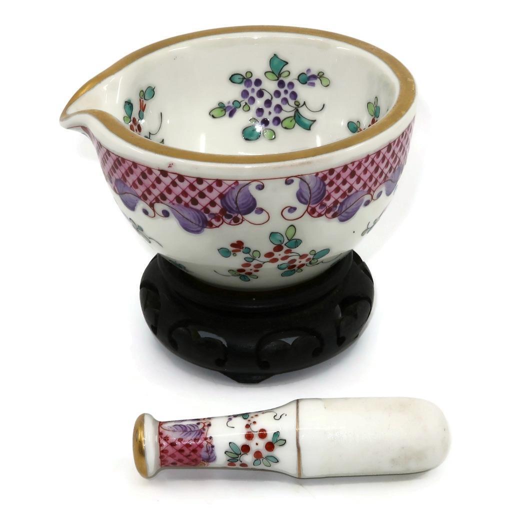 Edmé Samson Ceramics Porcelaine de Paris Imari Style Mortar & Pestle w/Stand, 4″