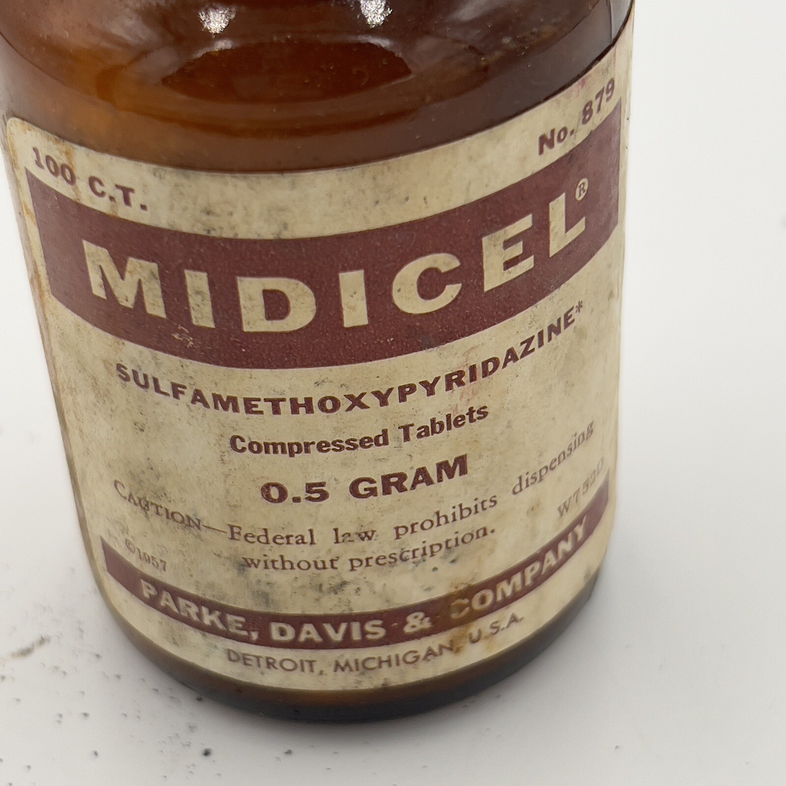 Rare MIDICEL Sulfamethoxypyridazine Parke Davis Amber Medicine Bottle EMPTY
