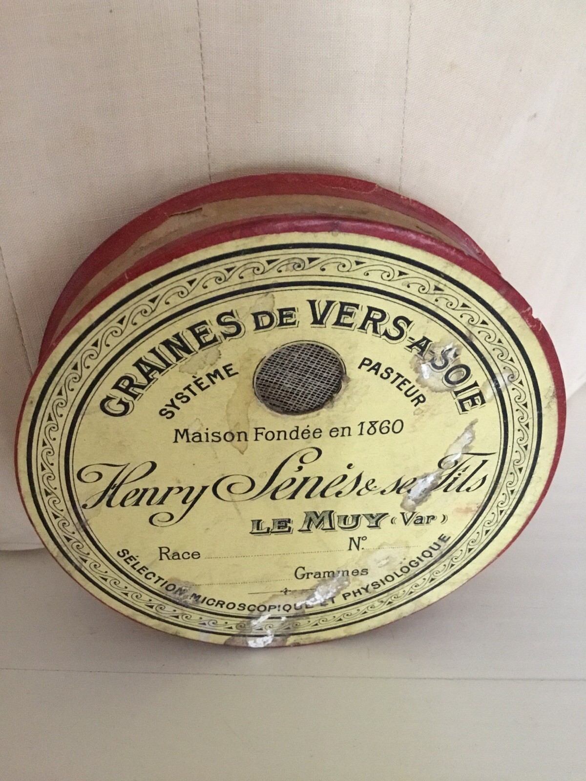 Vintage FRENCH Pharmacie Round Cardboard Container Red Silk Thirsty Worm Seeds!!