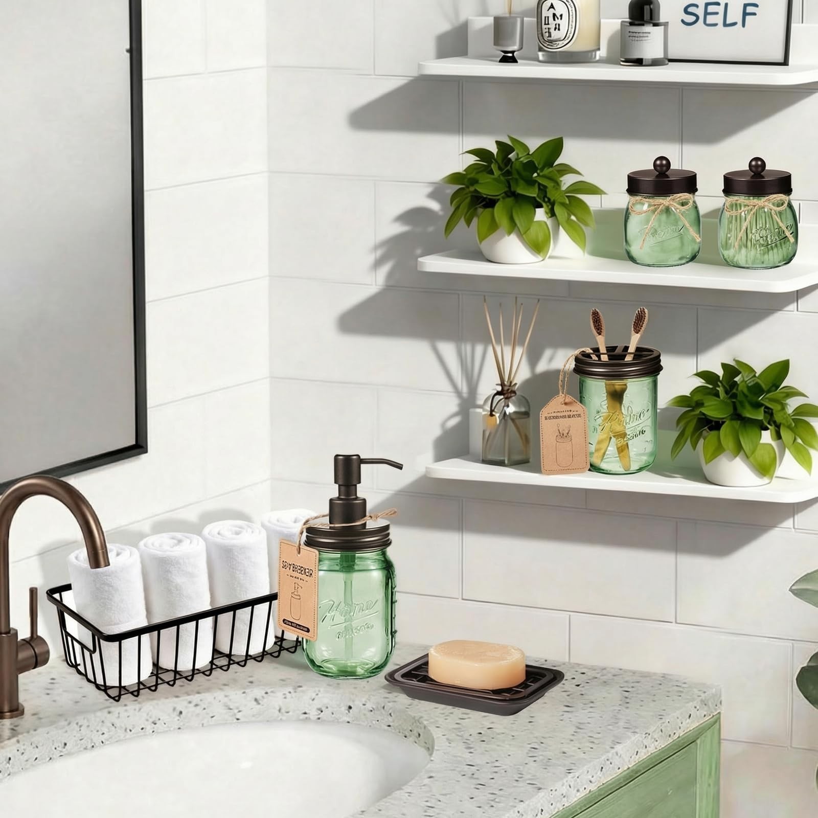 SheeChung Green Bathroom Accessories Set, 6Pcs Mason Jar Glass Bathroom Set, …