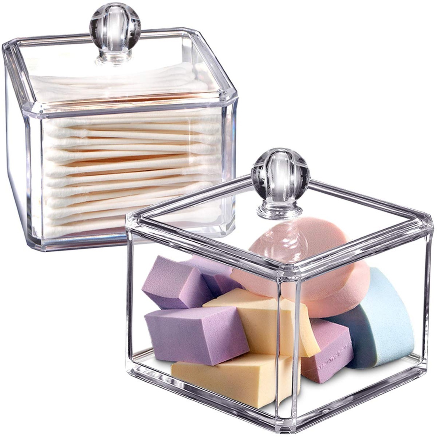 SheeChung 2-Pack Modern Square Acrylic Qtip Holder – Clear Apothecary Jars wi…
