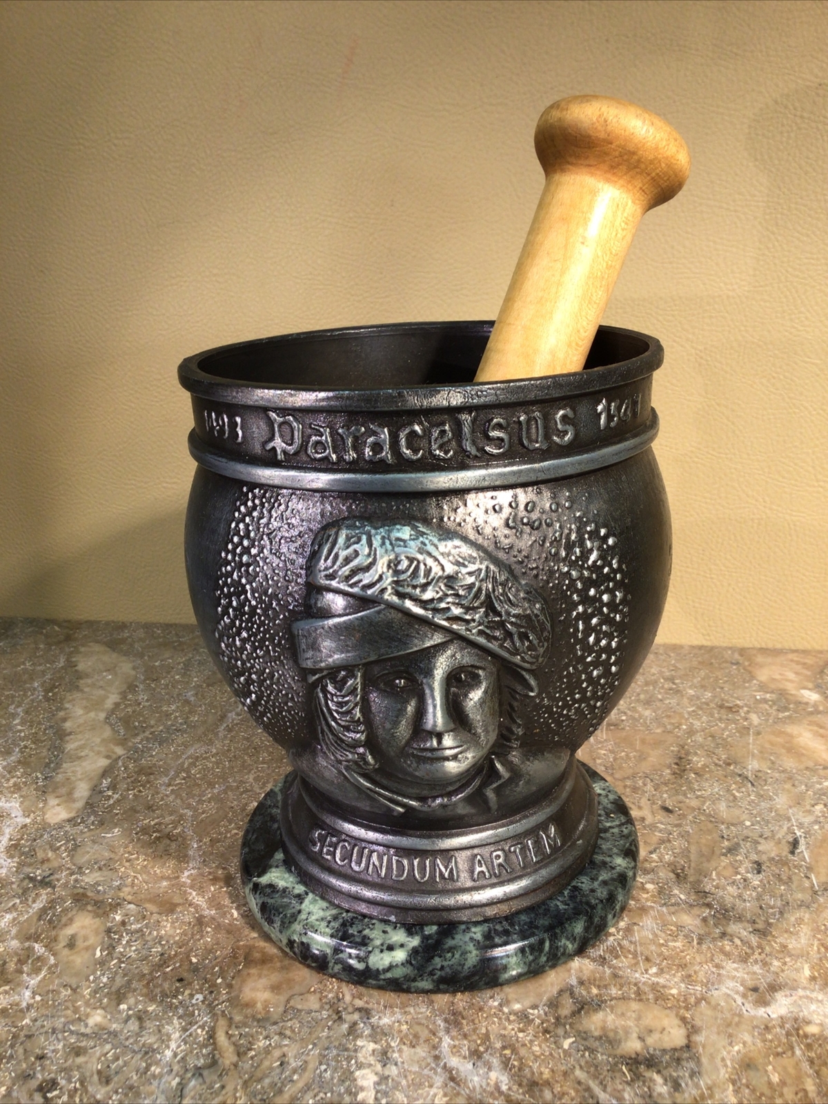 Vtg ￼Pewter￼ Mortar & Pestle Display Only By Schering Corp. On Marble Base 1988