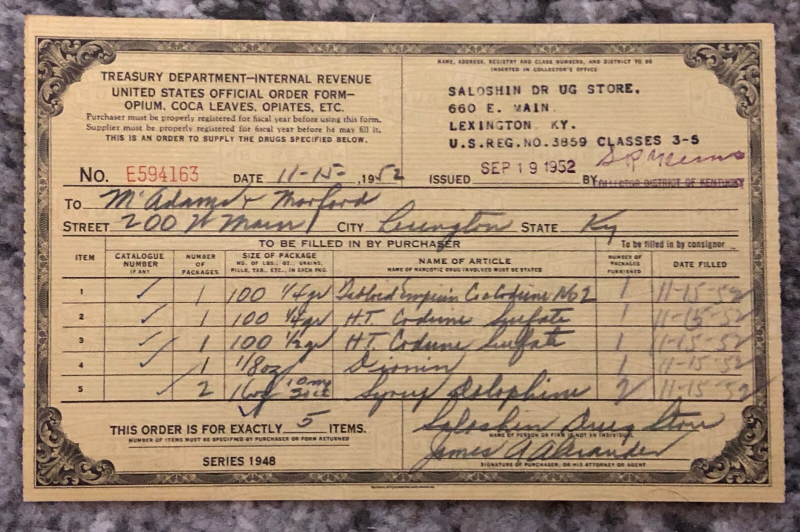 Vintage Opium Form July 31, 1952 US Treasury Dept. Drugstore Doctor Medical