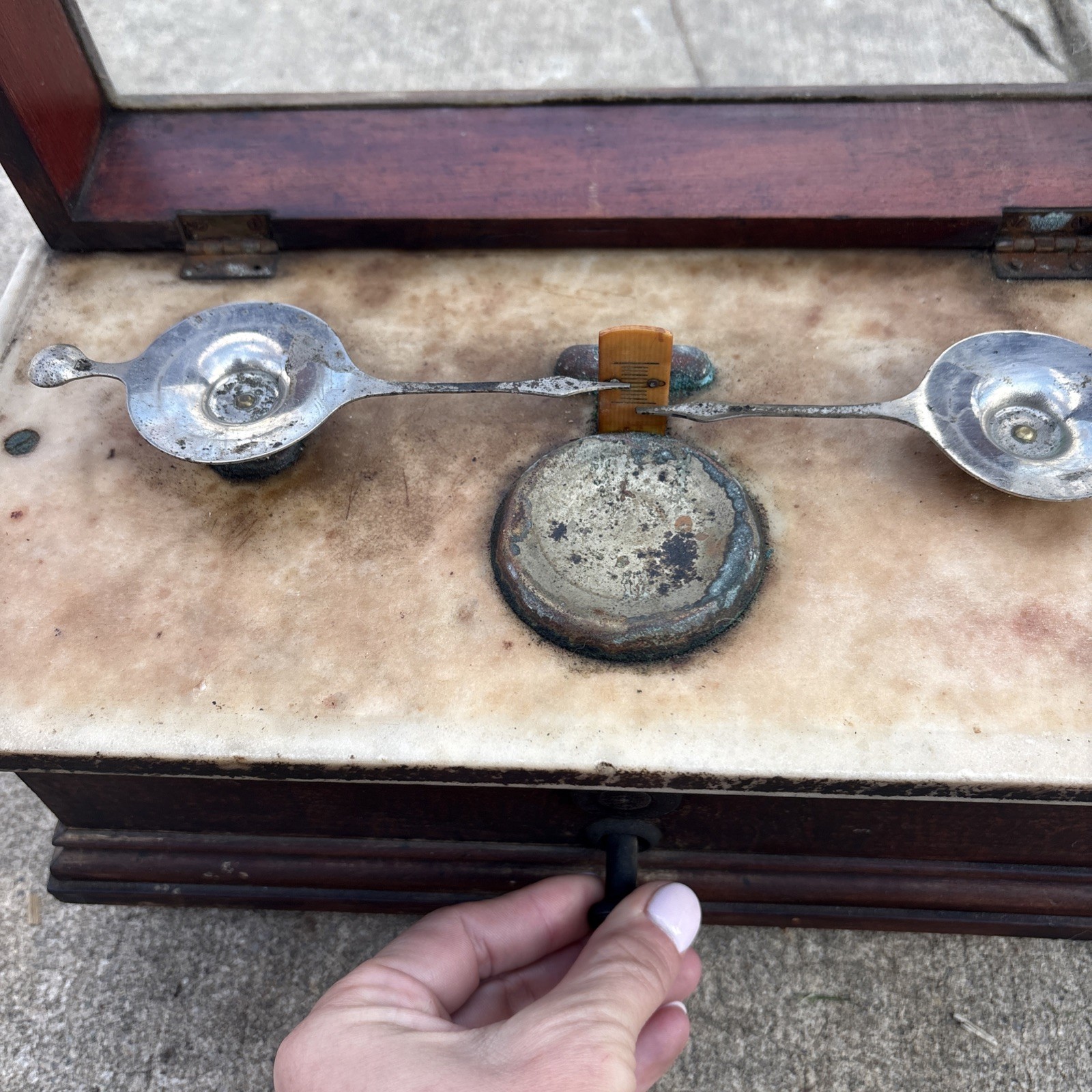 Antique Marble & Wood Apothecary Pharmacist Balance Gold Bouillon Scale Rustic
